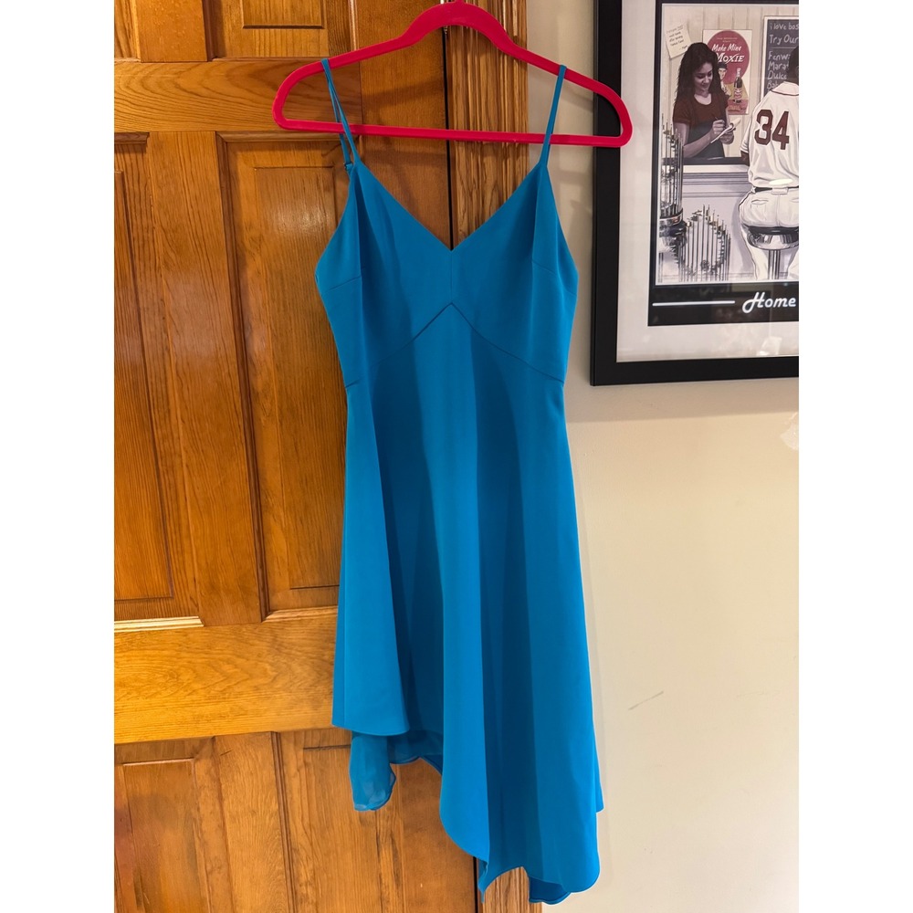 Alice + Olivia Teal Asymmetrical Midi Dress Size 6 Spaghetti Strap Fit Flare - Picture 2 of 10